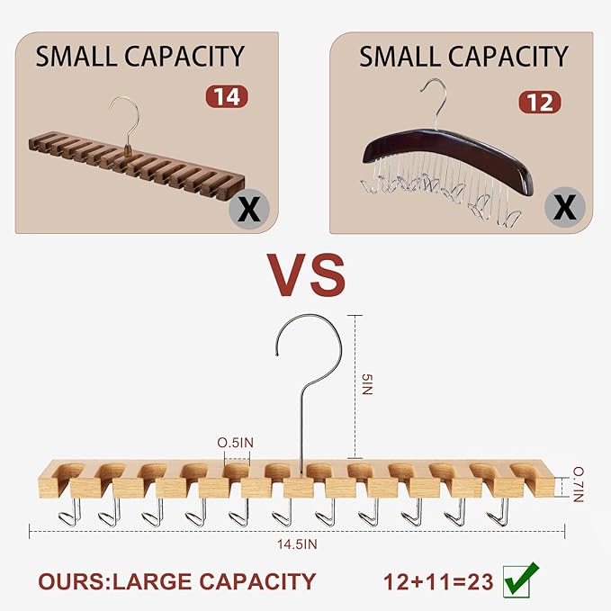 Belt Hanger for Closet Max 42 Belts, 2-in-1 Wall Mount Belt Organizer with 360° Rotating Hooks, Wooden Tie and Belt Rack for Closet Accessories Organizers and Storage, 12+11 Storage