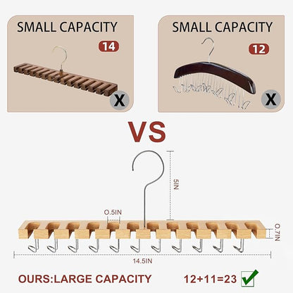 Belt Hanger for Closet Max 42 Belts, 2-in-1 Wall Mount Belt Organizer with 360° Rotating Hooks, Wooden Tie and Belt Rack for Closet Accessories Organizers and Storage, 12+11 Storage