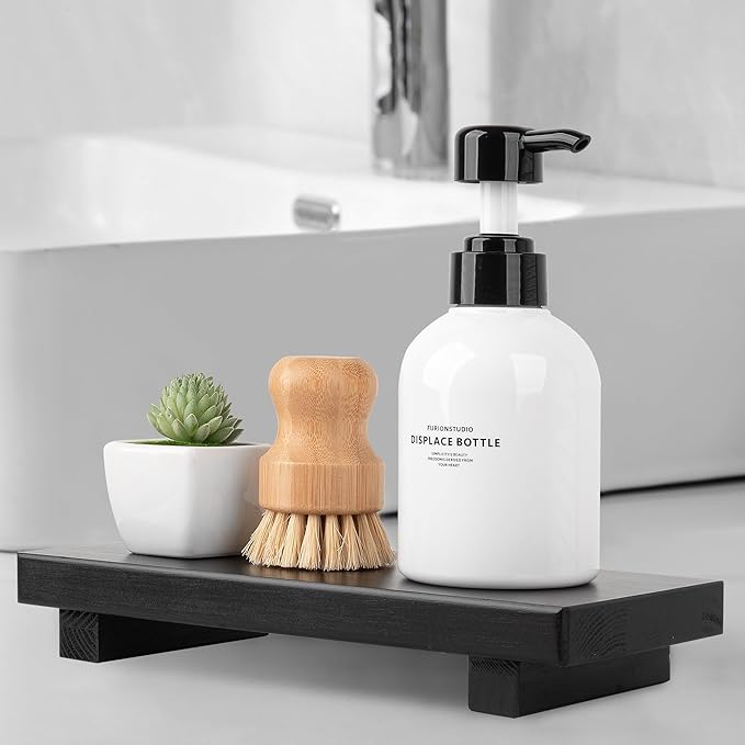Bathroom Counter Organizer Wood Pedestal Stand Farmhouse Decorative Tray Soap Holder for Kitchen Decor, Large 10" x 4.5" - Black