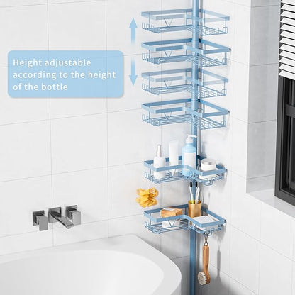 KEGII Shower Caddy Tension Pole, 4-Tier Rustproof Adjustable Corner Bathroom Organizer for Renters, 25–114.2 Inch No Drill Space-Saving Shower Storage Rack, Blue
