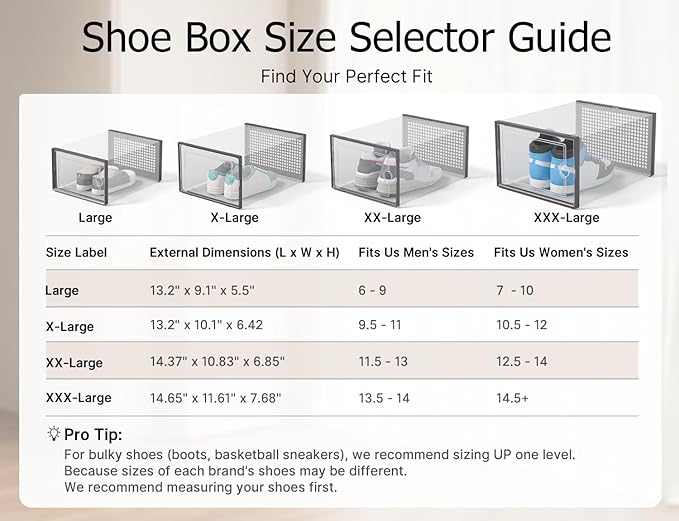 Kuject XX-Large Shoe Storage Boxes Organizers Clear Plastic Stackable 12 Pack, Shoe Rack & Holder Substitute, Sneaker Containers, Shoe Storage Organizer Bins for Closet, Under Bed, Black(No Fold Line)