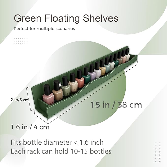 6 Pack Nail Polish Wall Mounted Shelf,15 Inch Nail Polish Floating Shelves for 66-90 Bottles Multi-Purpose,Ideal Gift, Great Display for Salons Retailers,Dark Green