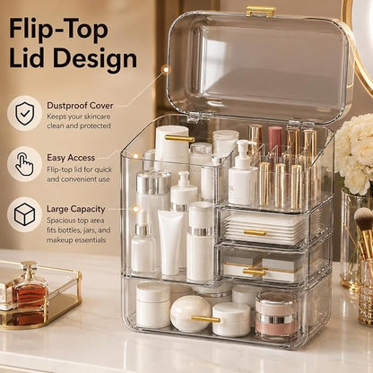 Luxury Makeup Organizer with 3 Drawers & Dustproof Flip Lid, Large Capacity Cosmetic Display Case for Vanity, Clear Countertop Skincare Storage with 6 Lipstick Slots