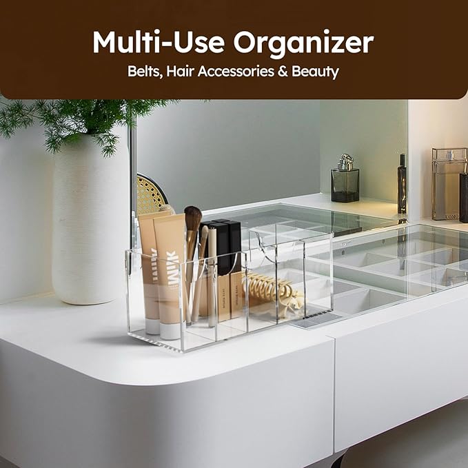 FEMELI Belt Organizer, Acrylic Belt Storage for Closet with Lid, 5 Compartments Belt Container Display Holder for Drawer, Tie Case for Women Men Home