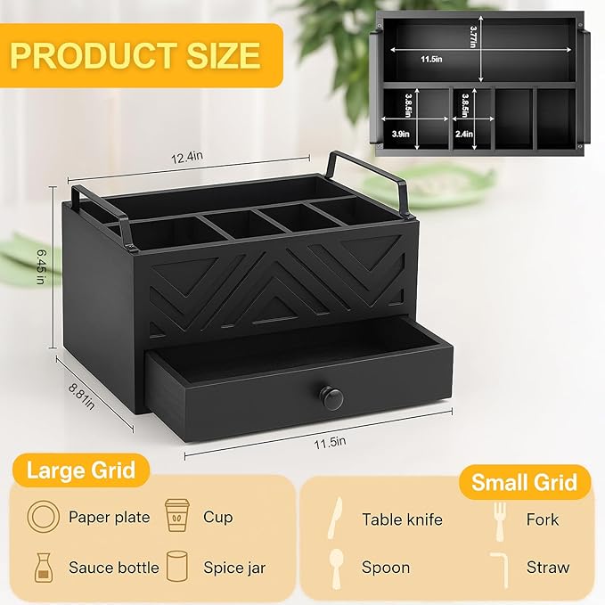 Paper Plate Dispenser with Drawer, country style Wood Kitchen Counter, Picnic, Party, Camping - Caddy Organizer for Cups, Spoons, Forks, Plates, office supplies, Napkins & Silverware（Black）