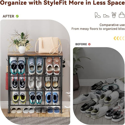 Narrow Shoe Rack, 4 Tier Slanted Metal Shoe Organizer for Small Space, Bench Shoe Storage Shelf for Entryway, Closet, Rustic Brown