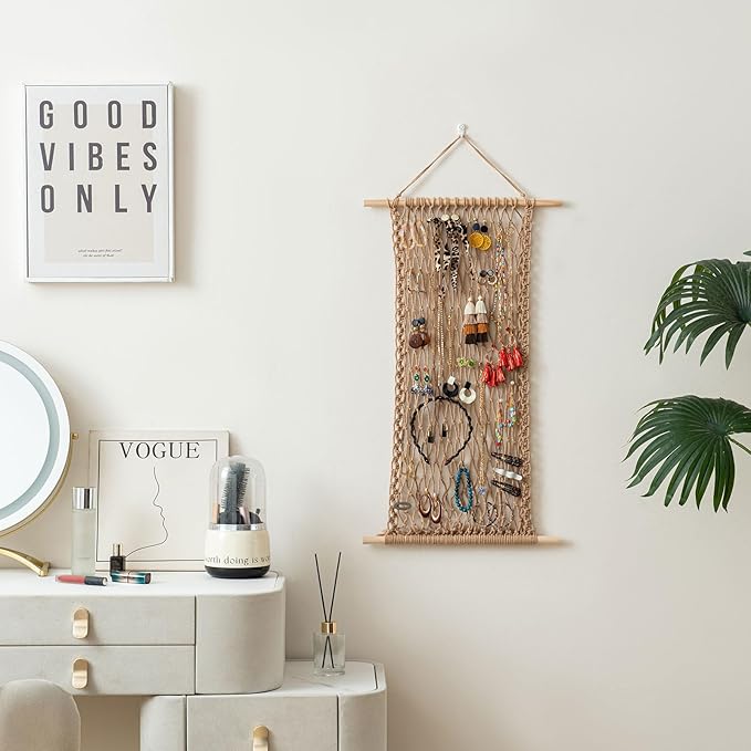 Pretty Jolly Hanging Jewelry Mesh Organizer Macrame Wall Mounted Necklaces Storage Earring Display Rack Girls Hair Clips Hanger with 20 Pieces S Shape Hooks for Bracelets,Necklace and Rings(Twine)