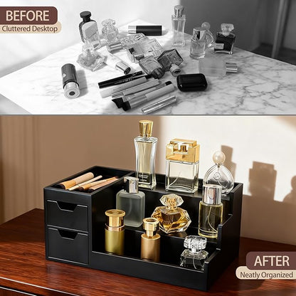 Countertop Perfume & Makeup Organizer - Wooden Rack, Cologne Stand Shelves & Skincare Organizer for Bedroom Dresser, Organizador de Perfumes Estante para Perfumes (Black, 01)