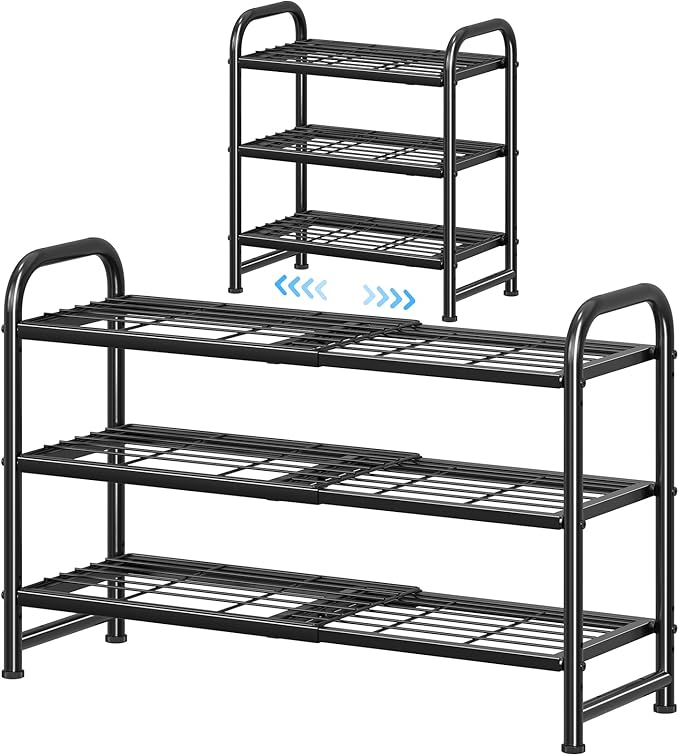 Simple Trending 3-Tier Expandable Shoe Rack, Adjustable & Stackable Shoe Organizer, Heavy Duty Metal Free Standing Shoe Shelf Storage for Closet Entryway Doorway, Black