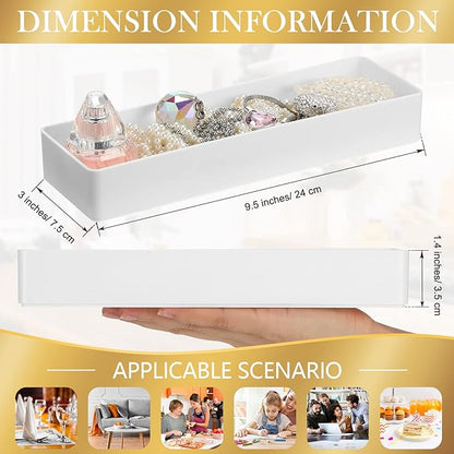 4 Pack Plastic Drawer Organizer 9.5 x 3 x 1.4 Inch Tabletop Organizer Tray Stationery Holder White Half Accessory Tray Stackable Storage Container for Vanity Office Home Utensils Gadgets Shelf Kitchen
