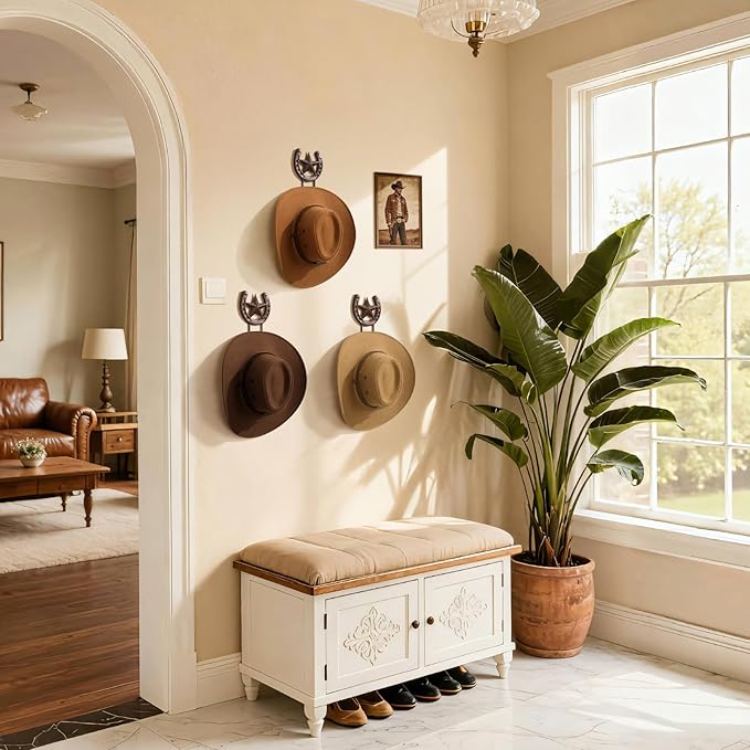 Cowboy Hat Rack Wall Mount 6 Pack Cowboy Hat Holder for Wall Western Hat Rack Horseshoe Hat Hanger Metal Iron Display and Storage for Entryway Closet Bedroom Living Room Western Gift Antique Bronze
