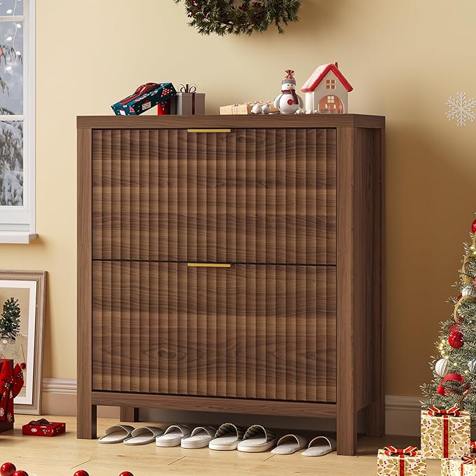 YOMILUVE Shoe Cabinet Storage for Entryway, Fluted Shoe Cabinet with 2 Flip Drawers, Hidden Shoe Rack Tall Freestanding Shoe Organizer with Legs for Hallway, Walnut