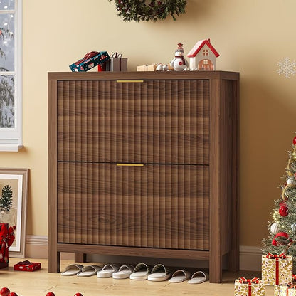 YOMILUVE Shoe Cabinet Storage for Entryway, Fluted Shoe Cabinet with 2 Flip Drawers, Hidden Shoe Rack Tall Freestanding Shoe Organizer with Legs for Hallway, Walnut