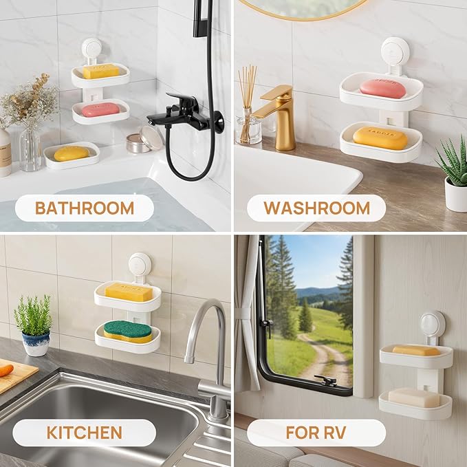LEVERLOC Soap Dish Holder for Shower, Double Layer Suction Cup Wall Mounte Self Draining Removable Waterproof Strong Suction Bar Soap Holder for Shower, White