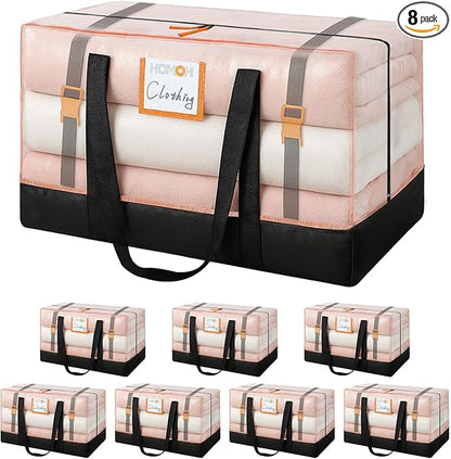 8 Pack Moving Bags, 115lb Capacity Heavy Duty Storage Bag with Zippers and Strong Handles, Packing Bags with Internal Compression Straps, Alternative to Moving Boxes -103L,Clear and Black