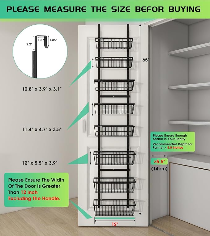 Mefirt 12 Inch Wide Narrow Over The Door Pantry Organizer, Pantry Organization and Storage, Black 8-Tier Metal Hanging Deep Basket Wall Spice Rack Seasoning Shelves, Home & Kitchen Essentials