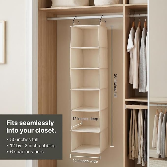 Household Essentials Cedarline 6-Shelf Hanging Closet Organizer, Heavy-Duty Cotton Canvas, Breathable, Versatile, Compact, Perfect for Rod or Wire Closets, Natural