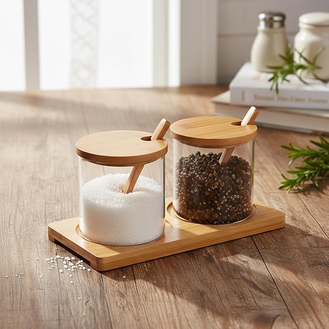 2 PCS Condiment Containers, Spice Rack with Bamboo Spoon Lid and Base, Sugar Bowl, Salt and Pepper Shakers Set for Salt Sugar Tea Herbal Coffee Beans, Clear