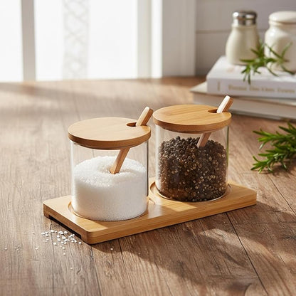 2 PCS Condiment Containers, Spice Rack with Bamboo Spoon Lid and Base, Sugar Bowl, Salt and Pepper Shakers Set for Salt Sugar Tea Herbal Coffee Beans, Clear