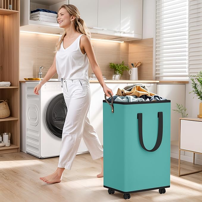 SpaceTrove Laundry Basket with Wheels, Collapsible Laundry Baskets, Laundry Hamper with Handles Detachable Wheels, Rolling Laundry Basket, Dirty Clothes Hamper for Bathroom, Dorm, Bedroom, Green, 100L