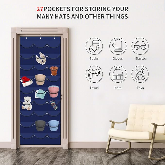 Hat Rack for Baseball Caps, 27 Pockets Over The Door Baseball Hat Organizer, Hat Storage for Closet Wall Mount Bag With Large Pockets & 3 Hooks, Hat Holder Hanger Organization to Display Caps