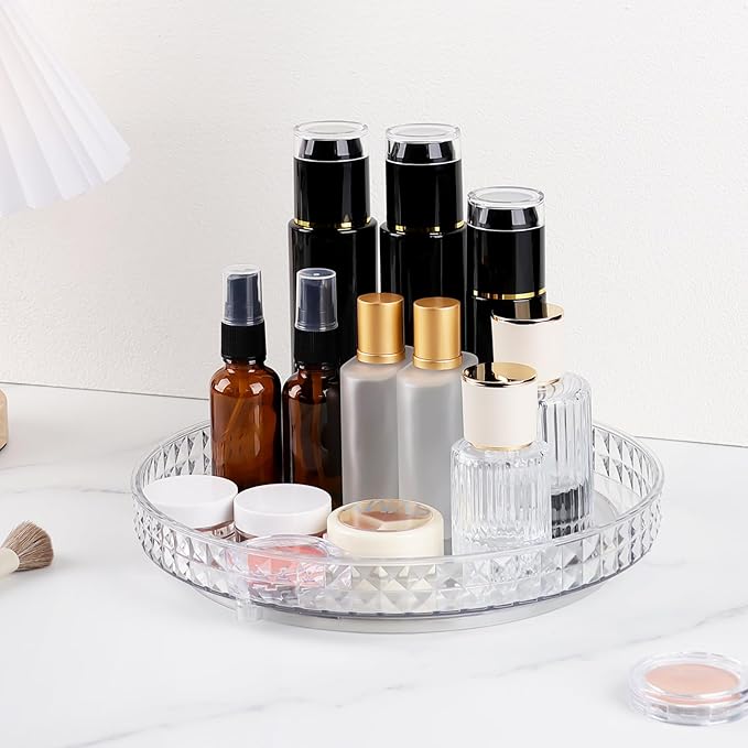 360 Clear Rotating Makeup Organize for Vanity,1 Tier Lazy Susan with Diamond Pattern, Large-Capacity Skincare Organizers Cosmetic Display Case Organizer for Dresser (Clear White, 1Tier)