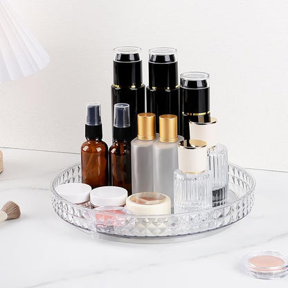 360 Clear Rotating Makeup Organize for Vanity,1 Tier Lazy Susan with Diamond Pattern, Large-Capacity Skincare Organizers Cosmetic Display Case Organizer for Dresser (Clear White, 1Tier)