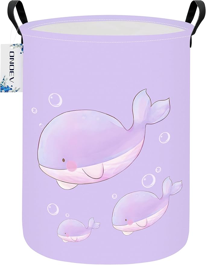 Round Cute Whale Laundry Basket,Collapsible Laundry Hamper for Nursery,Toy Storage Bin for Kids Girls,Waterproof Storage Basket for Home,Bedroom,Playroom,New Parent Gift(Purple Whale)