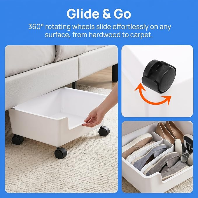 Noamus 3 Pack Under Bed Storage, Underbed Toys Storage Containers with Wheels, Plastic Bedroom Storage Organization, Under Bed Storage Bins Drawer For Clothes Blankets Shoes Books, White