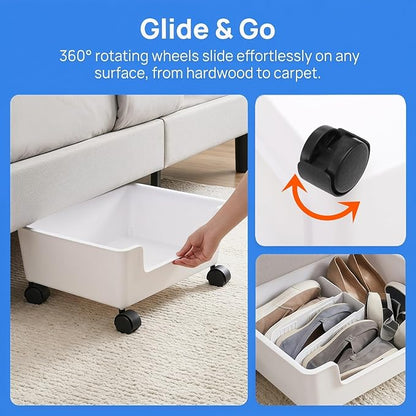 Noamus 3 Pack Under Bed Storage, Underbed Toys Storage Containers with Wheels, Plastic Bedroom Storage Organization, Under Bed Storage Bins Drawer For Clothes Blankets Shoes Books, White