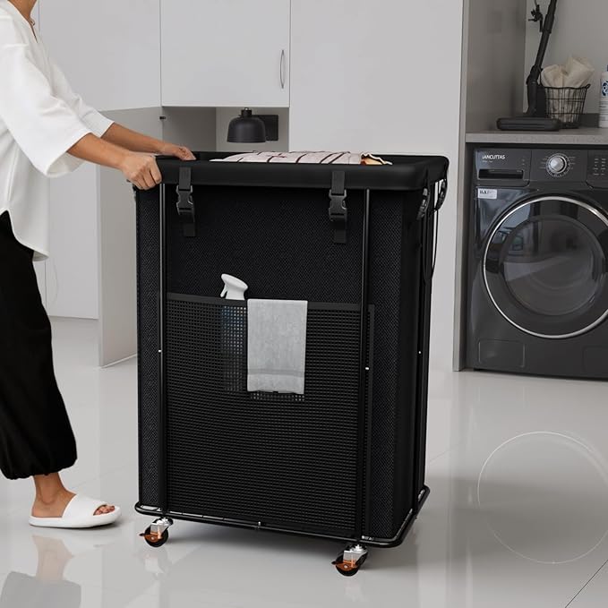 200L Laundry Hamper with Wheels, Rolling Laundry Basket with Metal Frame and Removable Bag, Large & Tall Dirty Clothes Hampers for Bedroom Aesthetic, Laundry Room, Bathroom, Dorm-Black