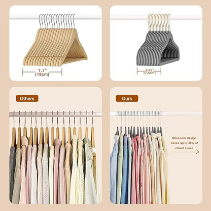36 Packs Velvet Clothes Hangers, 17.3 Inches Non-Slip Skirt Hangers, Sturdy Dresses Hangers with Shoulder Notches, Space Saving Clothing Hangers for Adults, Gray with Gold Hook