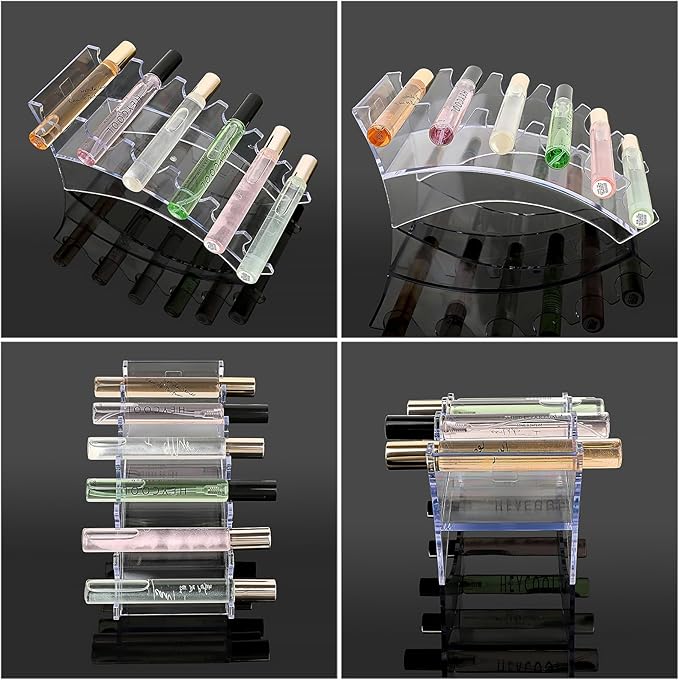 ELLDOO 2 Pack Rollerball Perfume Organizer, 6 Slots Clear Acrylic Perfume Storage Holder Beauty Scent Holder, Makeup Brush Lipgloss Lipstick Display Stand, Pen Holder for Home School Office
