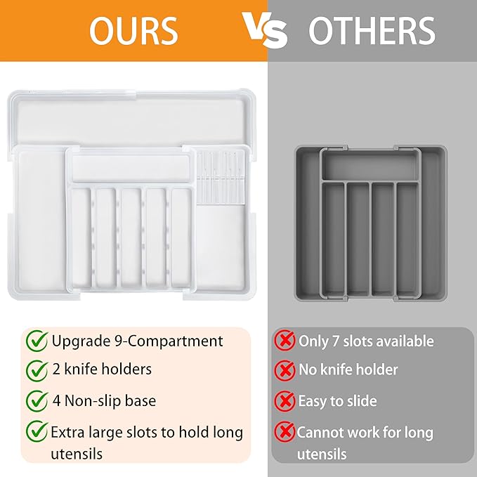Silverware Organizer Expandable Utensil Drawer Organizer Adjustable Drawer Organizer, Flatware Cutlery Silverware Tray for Spoons Forks Knives Kitchen Organizers Storage (White Plus)