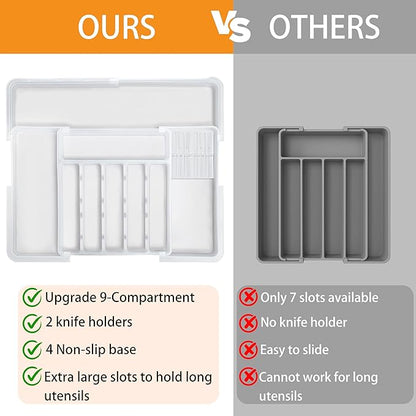Silverware Organizer Expandable Utensil Drawer Organizer Adjustable Drawer Organizer, Flatware Cutlery Silverware Tray for Spoons Forks Knives Kitchen Organizers Storage (White Plus)