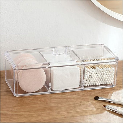 Square Qtip Holder Dispenser, 3 Compartments Cotton Ball Holder, Bathroom Canisters for Cotton Swab, Ball, Cottons Pad Organizer, Clear Acrylic Containers with Lid for Bathroom Vanity Countertop