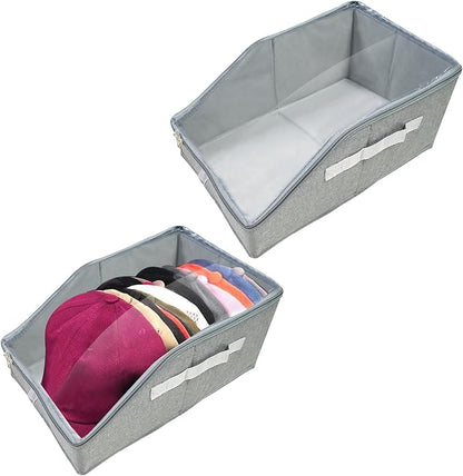 2 Pack Stackable Hat Organizer for Baseball Caps, Fabric Hat Storage Boxes with Clear Flip-Top Windows, Handle & Sturdy Cardboard Base, Pull-out Closet Organizer for Women & Men, Hold Up to 24 Caps