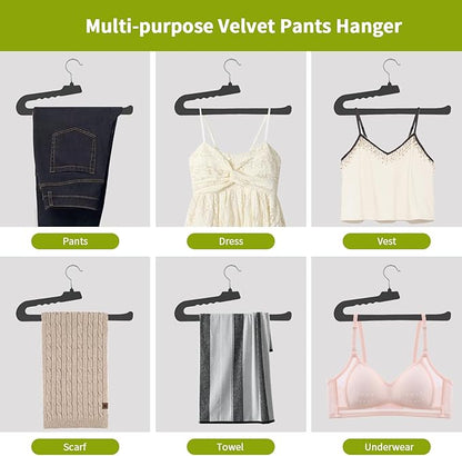 ManGotree Non Slip Velvet Pants Hangers, Open Ended Felt Jean Hangers for Closet Organizer, Heavy Duty Space Saving for Trousers, Slacks, Shorts, Dress, Scarf (20 Pack, Black)