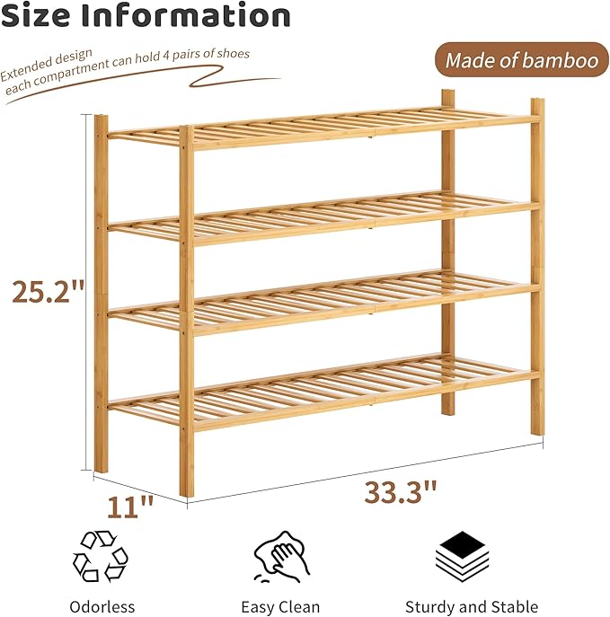 Bamboo Shoe Rack Stackable Shoe Shelf Storage Organizer for Unit Entryway Hallway and Closet Sturdy Freestanding Shoe Shelf (4L Tier Natural)