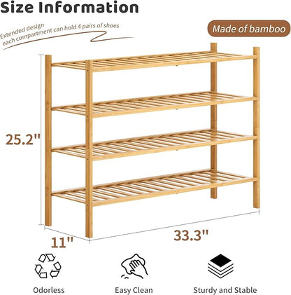 Bamboo Shoe Rack Stackable Shoe Shelf Storage Organizer for Unit Entryway Hallway and Closet Sturdy Freestanding Shoe Shelf (4L Tier Natural)