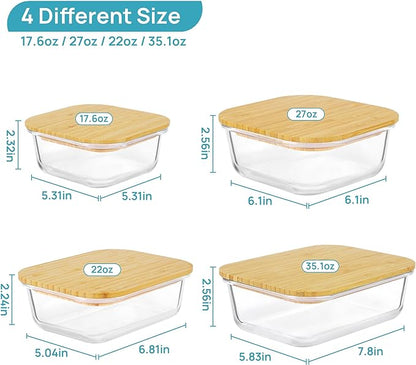Vtopmart Glass Food Storage Containers with Bamboo Lids, 4 Pack Meal Prep Glass Containers Safe for Microwave, Oven, Freezer and Dishwasher, BPA Free