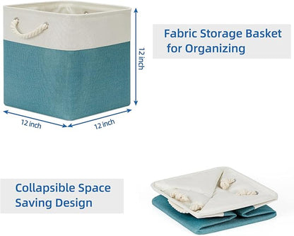 Temary Cubes Storage Baskets 12 Inch Cube Storage Bins for Shelf, Fabric Storage Cubes for Gift Empty Baskets for Home, Collapsable Box Basket for Storage (White&Teal)
