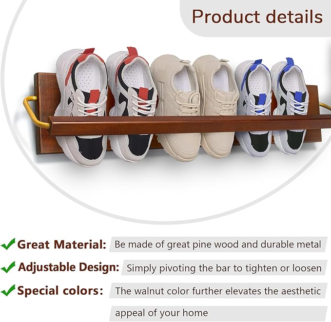 Wall Mounted Shoe Rack 2 Pcs, Solid Wood Wall Hanging Small Shoe Storage, Organize for Shoes, Sneaker, Slipper and Boots in Narrow Spaces, Entryway, Hallway, Trailer or RV, Walnut Color (28.5'' Long)