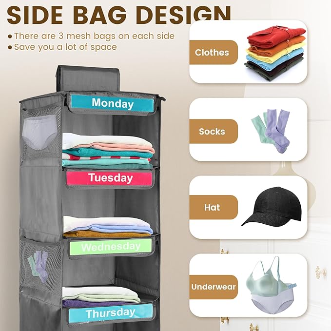 Weekly Clothes Organizer for Kids, 5-Shelf Hanging Closet Organizer with Visual Label, Multipurpose Polyester Clothes Organizer, Monday to Friday Weekly Clothing Organizer for Hats T-Shirts (Gray)