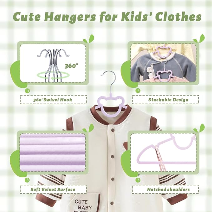 ManGotree 12.8" Kids Velvet Hangers, Non-Slip Felt Baby Clothes Hanger, Cute Bear Hanger for Nursery, Space Saving Toddler Hangers for Children's Closet (20 Pack, Purple)