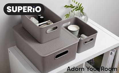 Decorative Plastic Basket Lidded Home Storage Bins Organizer Baskets, Medium Taupe (1 Pack - 5 Liter) Stackable Container Box, for Organizing Closet Storage Bins for Shelves - Ribbed Collection