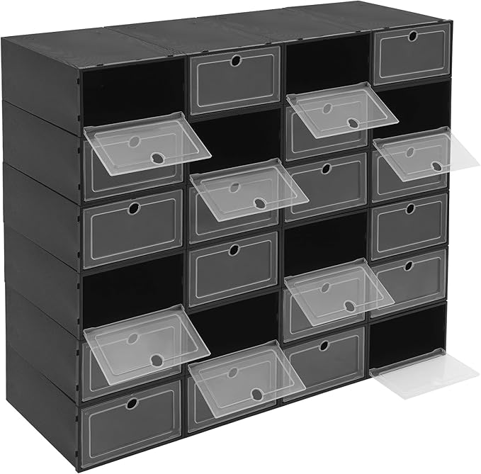 24Pcs Shoe Storage Box, Shoe Box Side Open, Clear Shoe Boxes Stackable, Plastic Stackable Shoe Storage Organizer, for Shoes, Including Sneakers, High Heels, Canvas Shoes, Boots, Etc (Black)