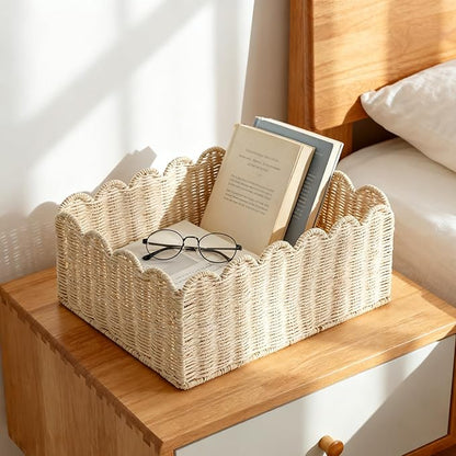 Scalloped Basket, Wicker Storage Baskets, Hand Woven Baskets for Shelves,Natural Baskets for Organizing (Rattan&M-14" L x 10.5" W x 6" H)
