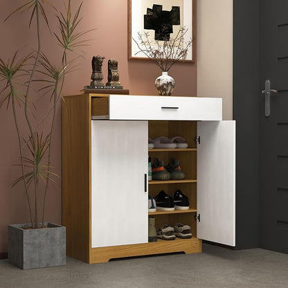 Shoe Cabinet with Drawer, Modern Shoe Storage Cabinet with Doors, 4 Tiers Narrow Shoe Organizer for Entryway, Foyer, Hallway, Natural & White