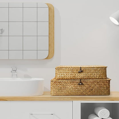Didaey Set of 4 Seagrass Basket with Lid Wicker Storage Basket Decorative Storage Boxes with Lids Flat Storage Bins Woven Organizer Baskets for Shelf Closet Bedroom, 4 Sizes (Yellow)